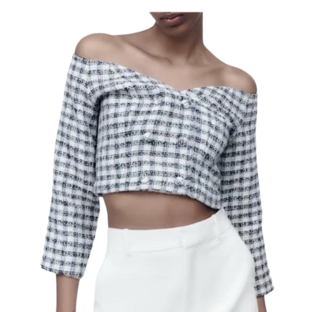 Zara Tweed Off Shoulder Crop Top